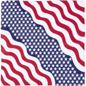 A square fabric features alternating red and white wavy stripes with blue stars arranged in rows against a white background creating a patriotic pattern suggesting themes of unity and celebration.