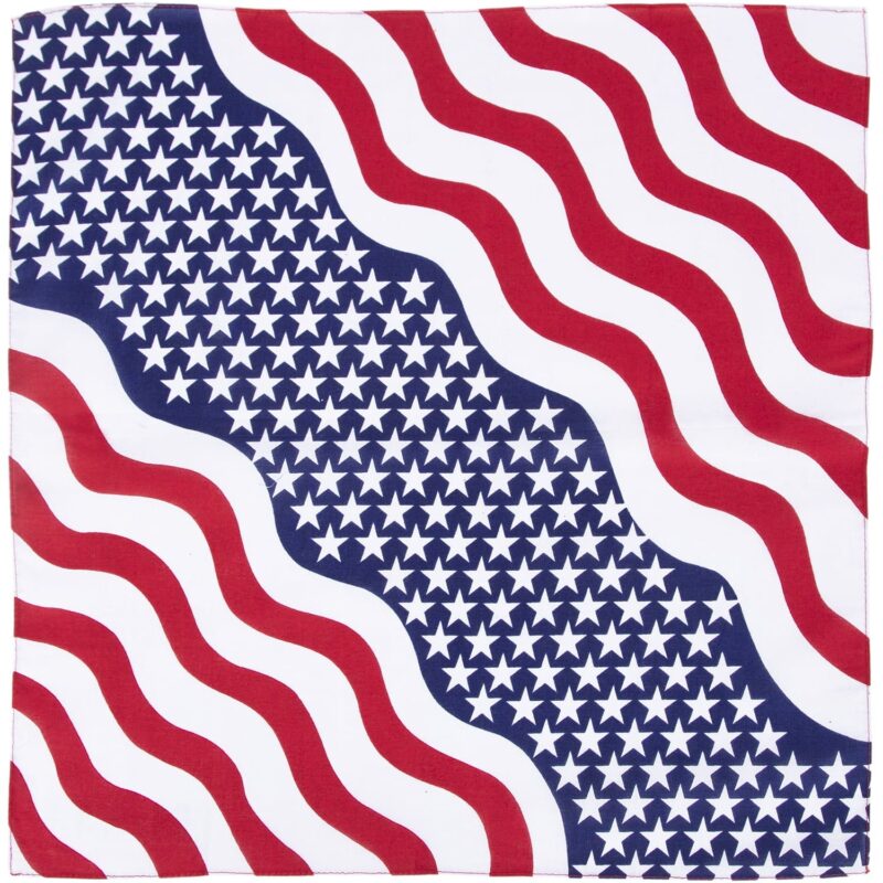 Waving US Flag Bandana - 22x22 Inch A square fabric displays alternating wavy patterns of red and white stripes alongside a blue background filled with white stars creating a patriotic design commonly associated with national themes.
