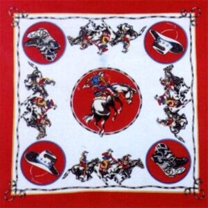 A square decorative textile features illustrations of cowboys on horseback and cowboy hats set against a red background with circular accents highlighting various motifs of the cowboy theme