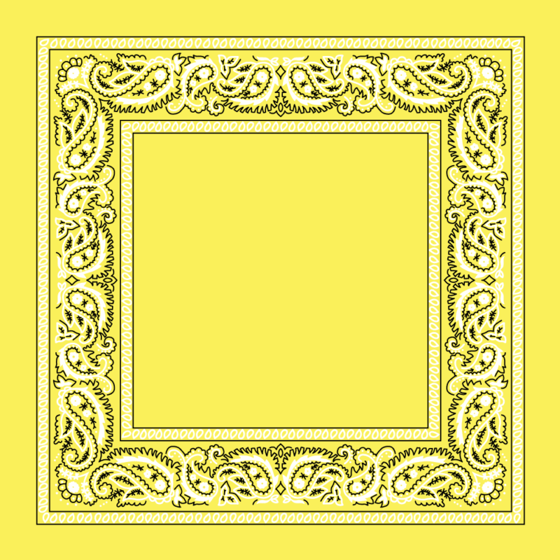 Value Classic Open Center Paisley Imported 100% Cotton A decorative yellow background features an ornate paisley border in white and black creating an empty central space that emphasizes the intricate design surrounding it.