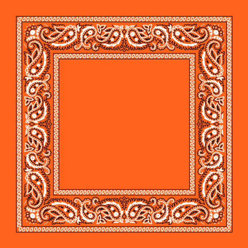 A square textile featuring intricate paisley patterns in white against an orange background with decorative borders outlining a blank center creating a vibrant visual frame.