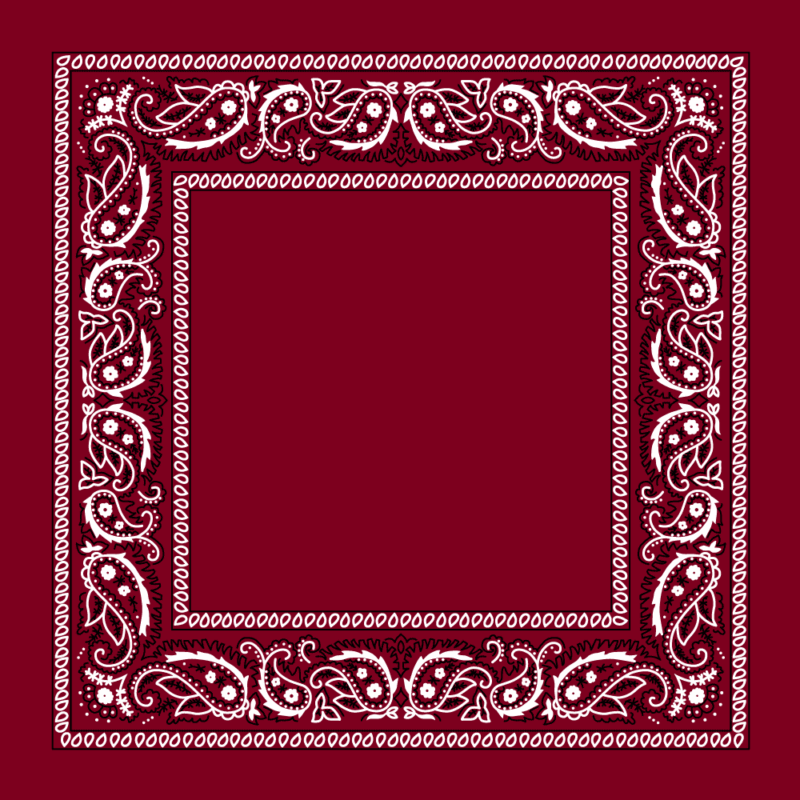Value Classic Open Center Paisley Imported 100% Cotton A burgundy bandana features intricate white paisley patterns along the edges creating a decorative border that frames a solid maroon center enhancing the overall visual appeal.