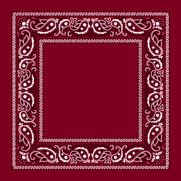 A maroon bandana features intricate white paisley patterns framing a central blank area creating a decorative and vibrant design suitable for various uses.