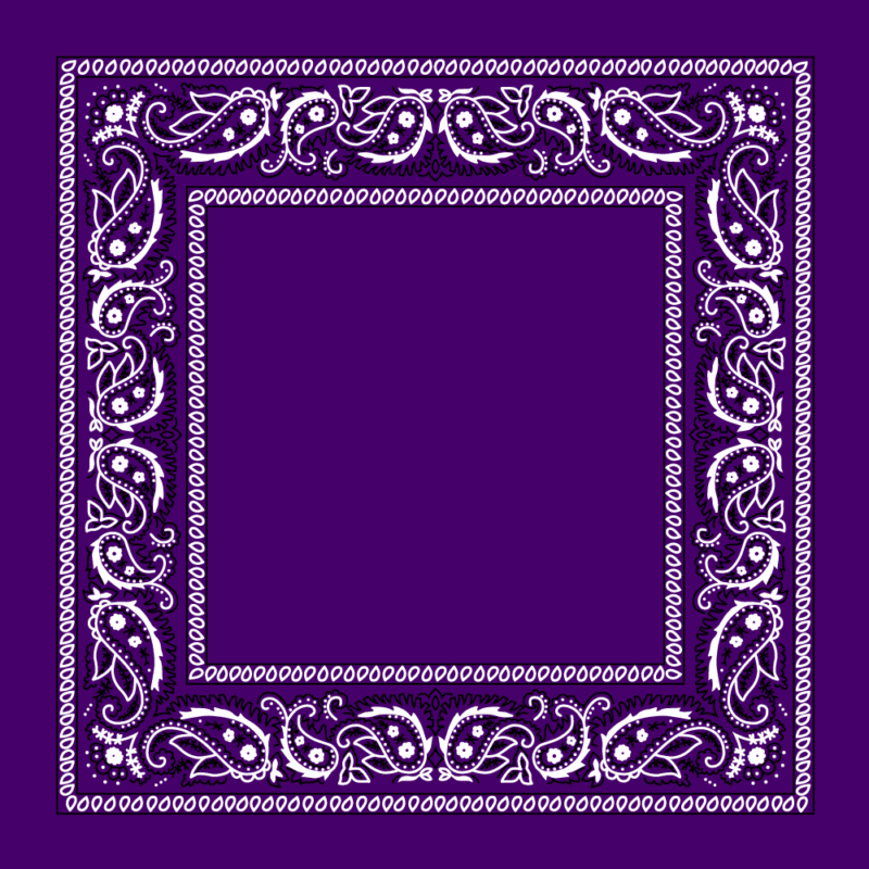 A rectangular fabric features a vibrant purple background with intricate white paisley and floral patterns adorning the borders creating a decorative frame effect.