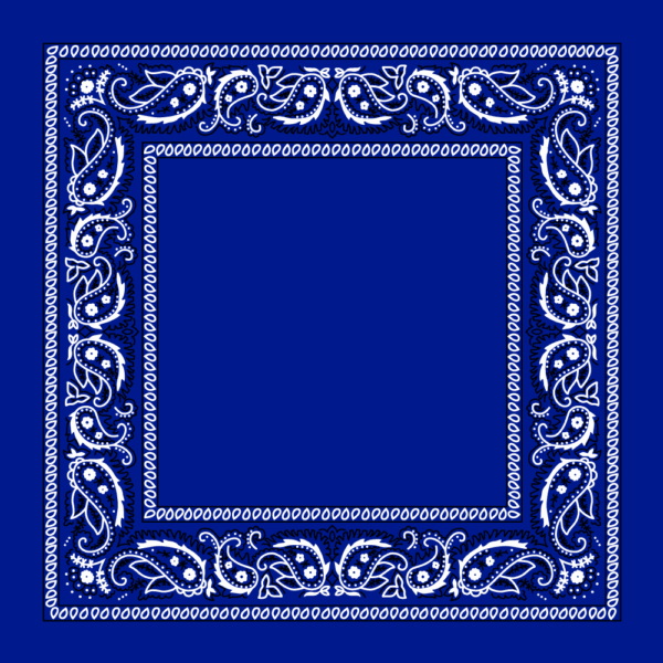 A blue bandana features intricate white paisley and floral designs along the border outlining a central empty space  creating a decorative yet simple visual effect.