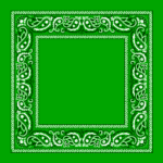 A green bandana with intricate white paisley patterns surrounds an empty central space creating a decorative border and emphasizing the vibrant color of the fabric.