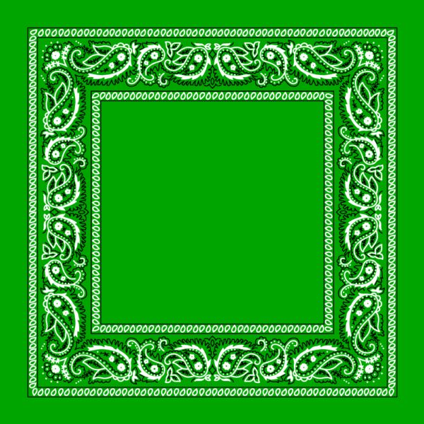 A green bandana with intricate white paisley patterns surrounds an empty central space creating a decorative border and emphasizing the vibrant color of the fabric.