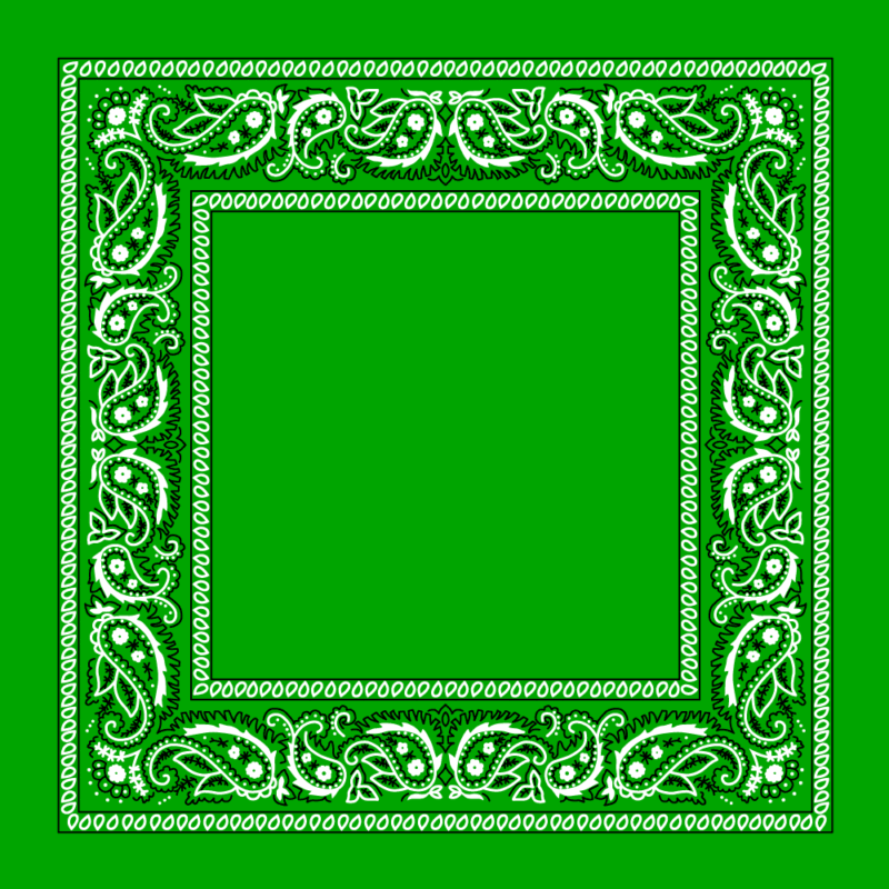 Value Classic Open Center Paisley Imported 100% Cotton A green bandana with intricate white paisley patterns surrounds an empty central space creating a decorative border and emphasizing the vibrant color of the fabric.