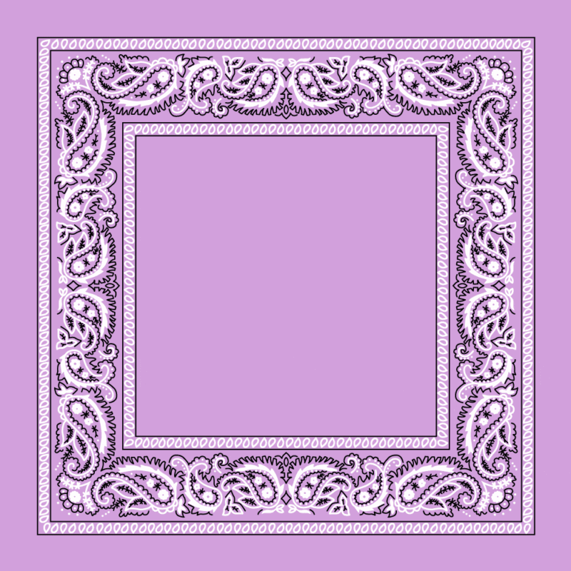 Value Classic Open Center Paisley Imported 100% Cotton A square lavender fabric features an ornate decorative border with intricate paisley and floral designs in white and purple hues set against a plain lavender background.