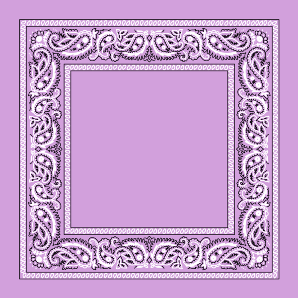 A patterned cloth features a lavender background with intricate paisley designs in white and dark purple along the edges creating a decorative border around an empty central space.