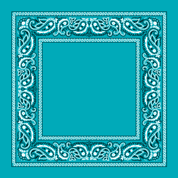 A decorative paisley border frames a solid turquoise background creating a visually striking design with intricate patterns and motifs that enhance the overall aesthetic.