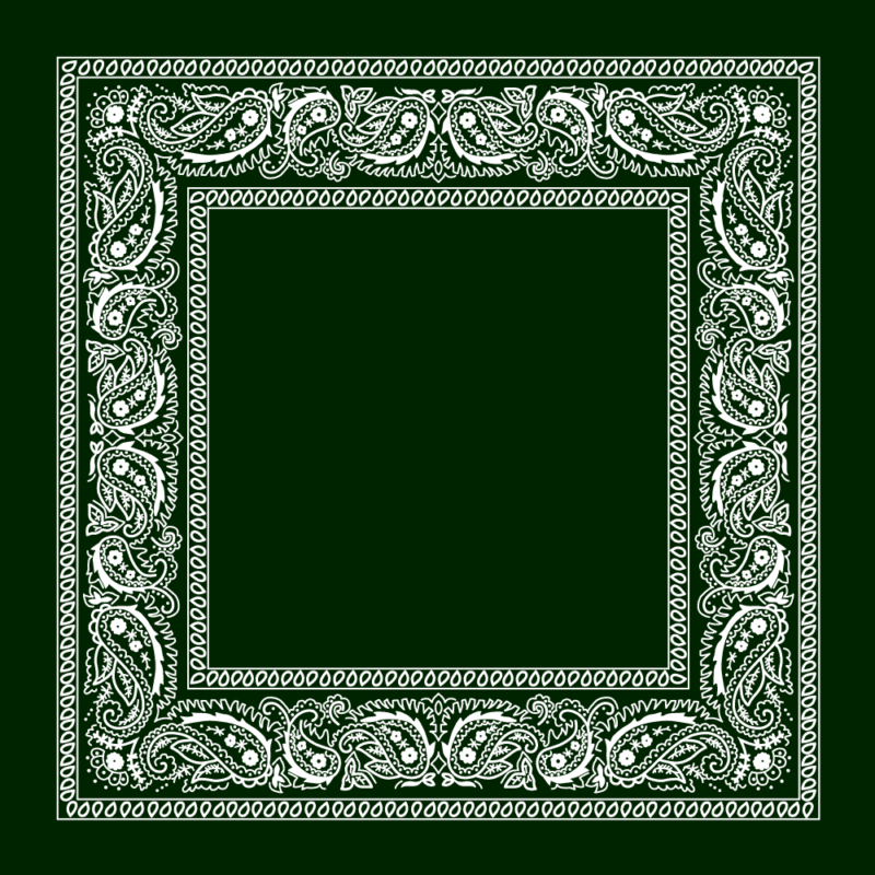 Value Classic Open Center Paisley Imported 100% Cotton A decorative green bandana features intricate white paisley patterns along the edges creating a framed design with an empty center space suggesting versatility for various uses.