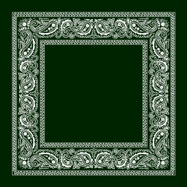 A green backdrop features a white paisley-patterned border intricately designed with floral and leaf motifs creating a decorative frame emphasizing an empty central space.