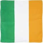 A rectangular flag displays three vertical stripes in green white and orange representing Ireland with the green stripe on the left white in the center and orange on the right.