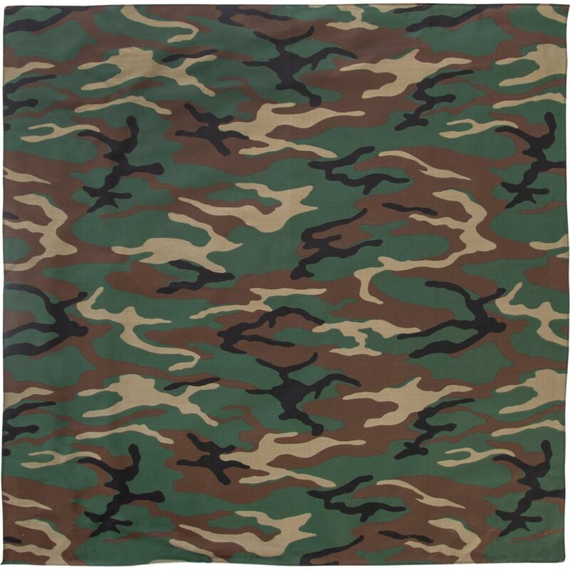 A patterned fabric features a camouflage design with green brown and black swirls and shapes creating a textured appearance ideal for military or outdoor contexts.