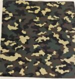 A square piece of fabric in a camouflage pattern displays irregular shapes in shades of green brown and beige blending together creating a textured military-inspired design.
