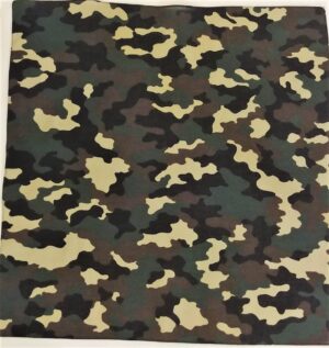 A square piece of fabric in a camouflage pattern displays irregular shapes in shades of green brown and beige blending together creating a textured military-inspired design.