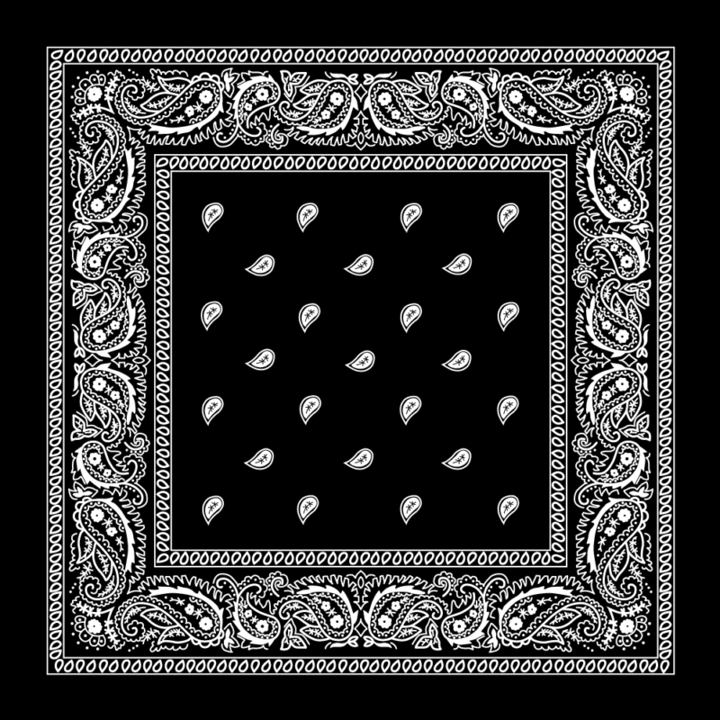 A black bandana features a white paisley pattern along the borders and small white paisley shapes evenly distributed across the center  creating a bold and intricate design.