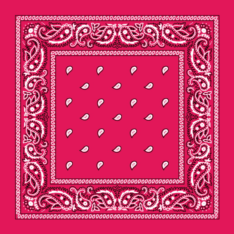 Value Classic Paisley Bandana Imported 100% Cotton A square pink bandana features intricate white paisley designs along the borders. In the central area small white teardrop shapes are evenly spaced against the pink background.