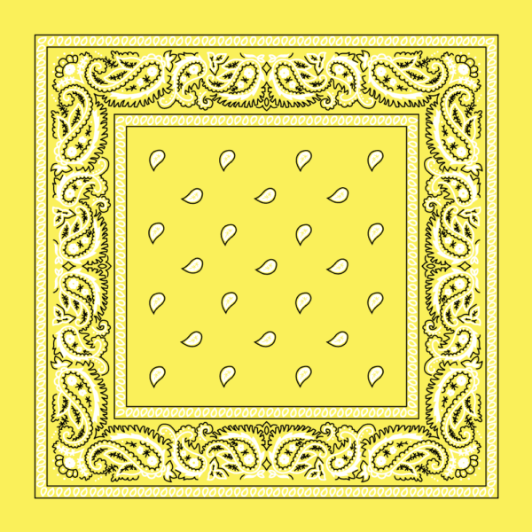A yellow bandana features a paisley border surrounding a pattern of small teardrop shapes evenly spaced across the fabric creating a vibrant and decorative textile design.