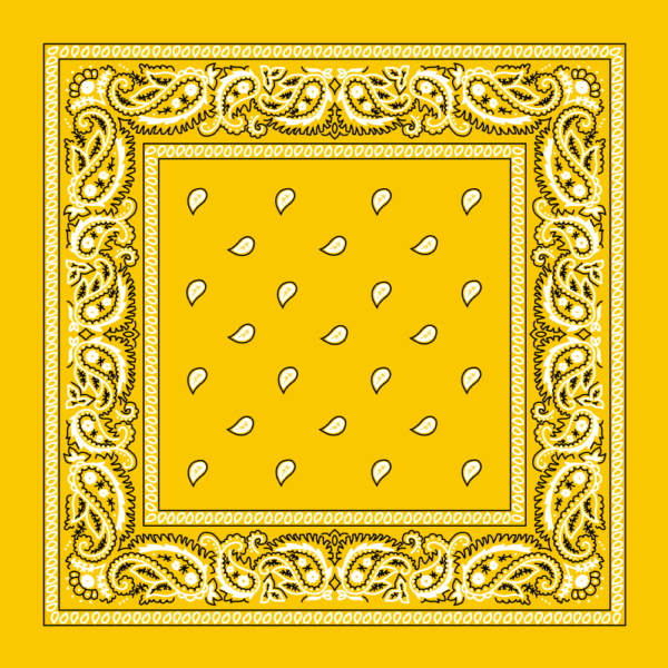 A yellow bandana features a paisley pattern along the border and scattered leaf-like shapes throughout the center  set against a solid yellow background.
