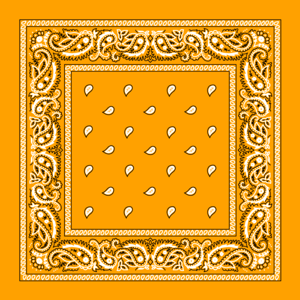 A decorative bandana features an orange background with intricate white paisley patterns along the edges and scattered small white leaf shapes in the center  creating a vibrant and contrasting design.