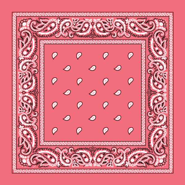 A pink bandana features a decorative paisley border with small teardrop patterns in the center creating a contrasting visual effect complementing the ornate design along the edges.