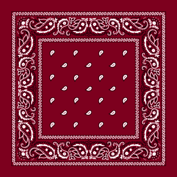 A maroon bandana features intricate white paisley and floral designs along the borders with small white teardrop patterns scattered in the center creating a vibrant textile design.