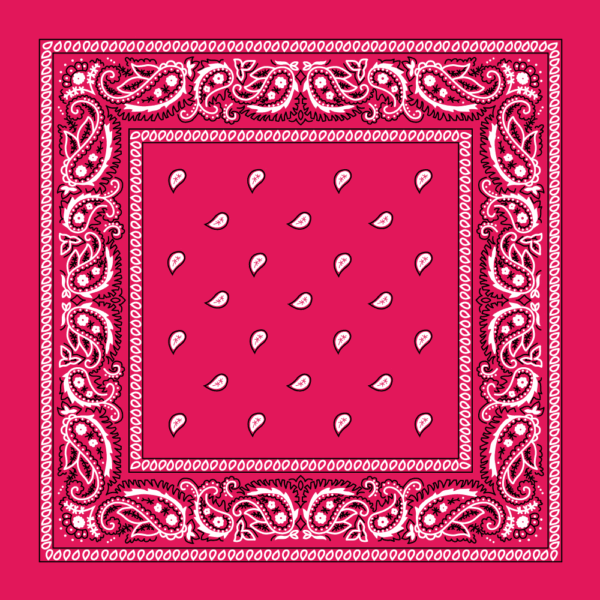 A vibrant pink bandana features intricate white paisley patterns along the edges with a central design of small white teardrop shapes scattered across the surface