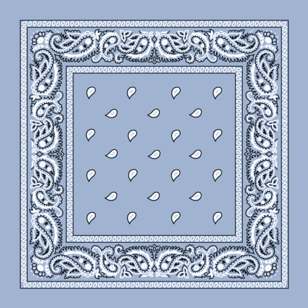 A decorative bandana features a light blue background with a paisley border and scattered white teardrop shapes in the center  creating a patterned design that is visually appealing.