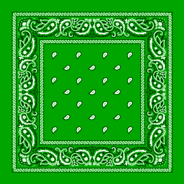 A green bandana features intricate white paisley patterns along the border and small white drop motifs scattered across the center in a decorative design.