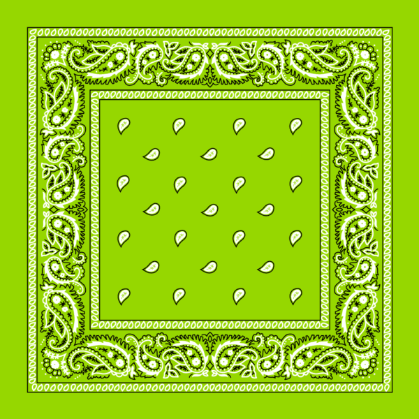 A green bandana features intricate white paisley designs on the edges and scattered white teardrop shapes throughout the center  set against a solid green background.