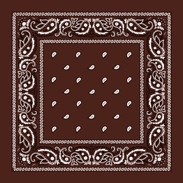 A brown bandana features a white paisley pattern along the edges with small white teardrop shapes scattered in the central area set against the contrasting background.