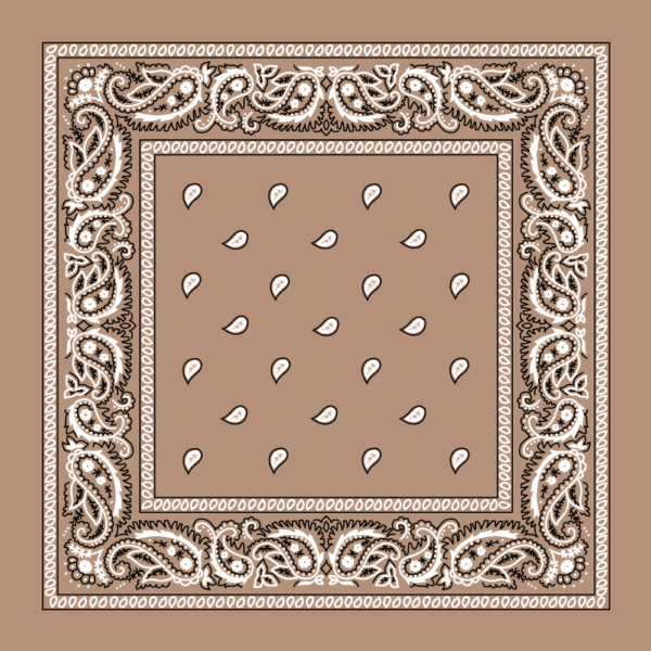A square fabric features a paisley design along the edges with a solid brown center dotted with small droplet shapes  all in contrasting white and brown colors.