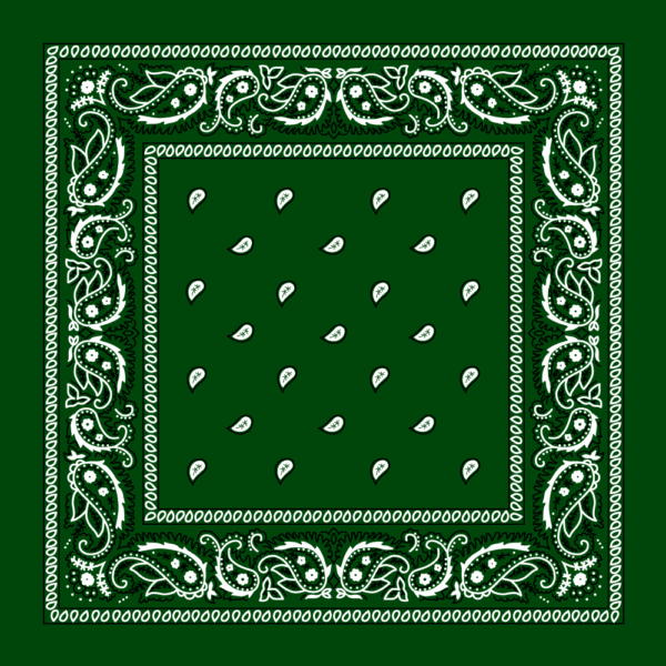 A green bandana featuring a repeating pattern of white paisley designs and small leaf shapes scattered across the center with intricate borders adorned with floral motifs.