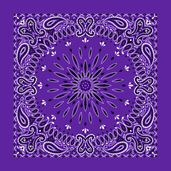 A purple bandana features an intricate symmetrical pattern with floral and paisley elements in shades of black and white radiating from the center towards the edges.