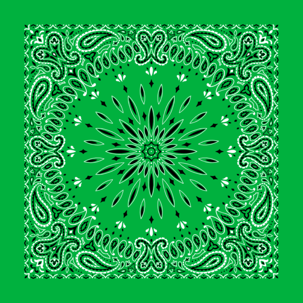 A green bandana features intricate white and black paisley patterns radiating from the center outward creating a symmetrical design surrounded by a solid green background.