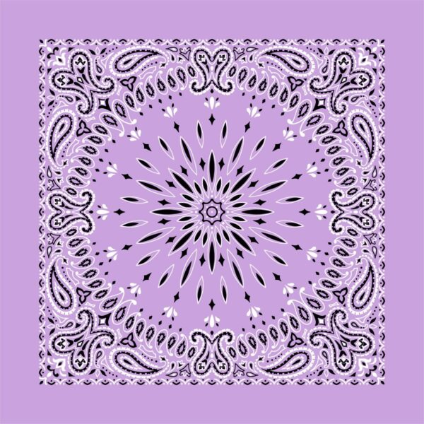 A patterned bandana displays intricate designs of paisley shapes and floral motifs in black and white on a light purple background creating a symmetrical star-like effect in the center.