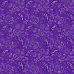 A purple patterned textile features intricate paisley shapes and floral designs in white and black  creating a harmonious and decorative look that is suitable for various fabric applications.