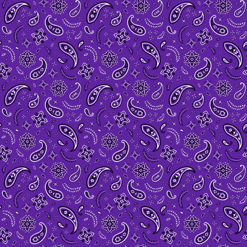 All Over Paisley Bandana Imported 100% Cotton A purple patterned textile features intricate paisley shapes and floral designs in white and black creating a harmonious and decorative look that is suitable for various fabric applications.