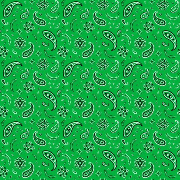 A green patterned fabric features black paisley shapes and floral designs scattered throughout  creating a vibrant textile appearance suitable for clothing or home décor.