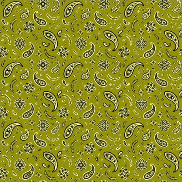 A green patterned fabric features intricate black paisley shapes and flowers interspersed throughout the design creating a visually appealing and textured backdrop suitable for various textile applications.
