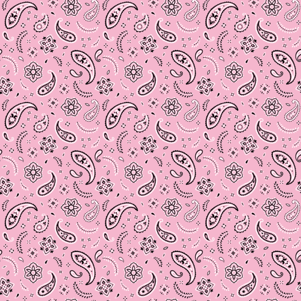 A pink patterned background features black paisley shapes interspersed with floral designs and decorative elements creating a vibrant textile motif suitable for fabric or wallpaper design.