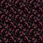 A black fabric features intricate paisley and floral patterns in white and shades of red creating a vibrant and ornate textile design with a repeating motif throughout.