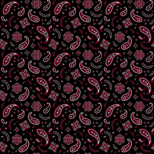 A black fabric features intricate paisley and floral patterns in white and shades of red creating a vibrant and ornate textile design with a repeating motif throughout.