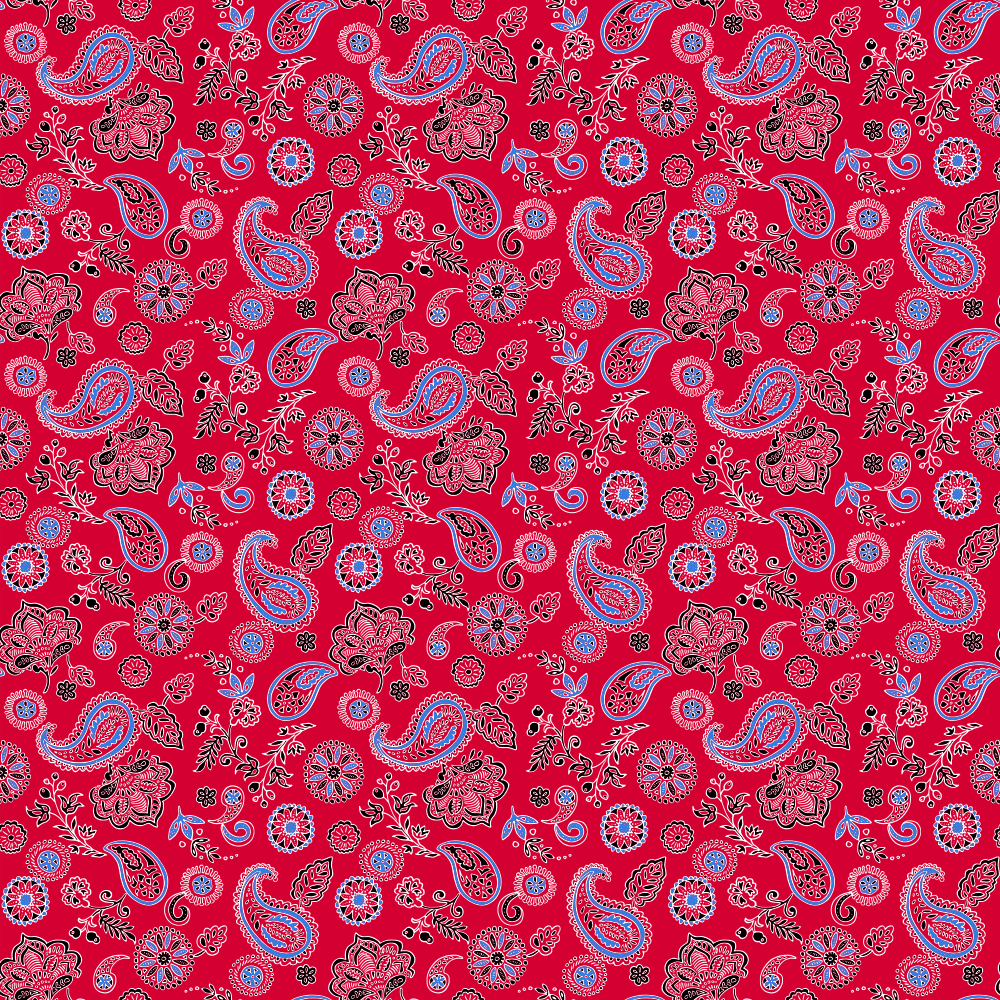 Red with Blue Floral Paisley BANDANAs - Dozen Packed 22x22