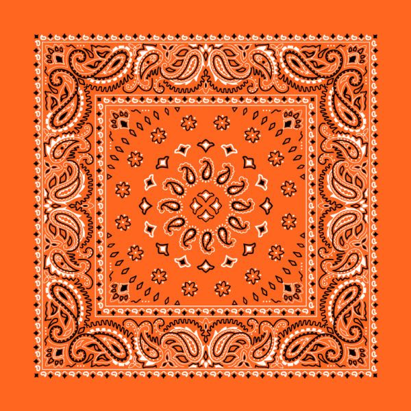 A bandana with intricate paisley patterns and floral motifs is displayed on a solid orange background showcasing a vibrant design that combines elegance and boldness in textile art.
