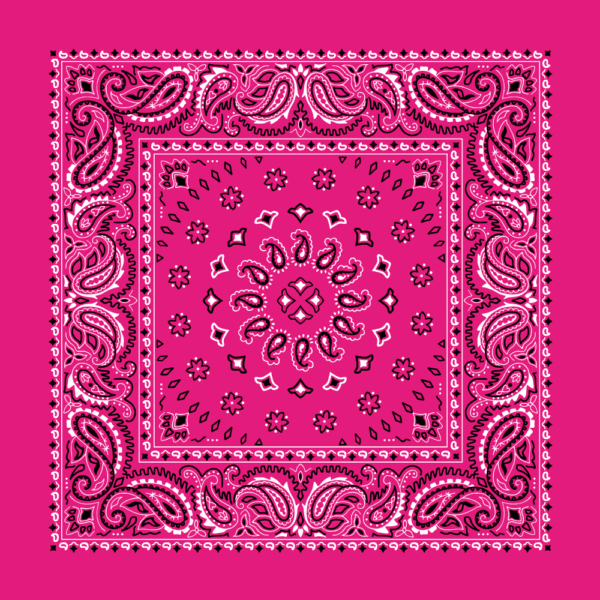 A square bandana features intricate paisley designs in shades of pink and white against a solid pink background conveying a vibrant decorative pattern suitable for various uses.