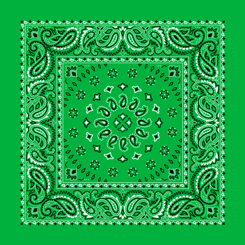 A green bandana with intricate white paisley patterns and floral designs is centered against a solid green background showcasing symmetrical motifs and decorative borders around the edges.