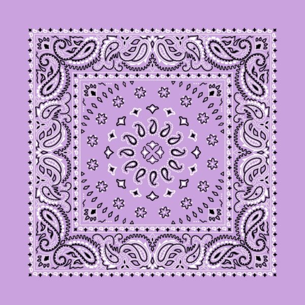 A decorative fabric square features intricate paisley and floral patterns in black against a soft lavender background creating a vibrant textile design suitable for various decorative uses.